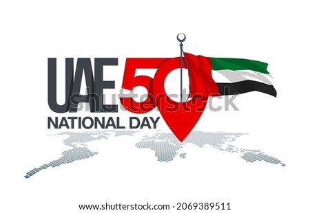 Fifty UAE national day, Spirit of the union. Point map banner with UAE state flag. Illustration of 50 National day United Arab Emirates. Card in honor of the 50th anniversary 2 December 1971 - 2021