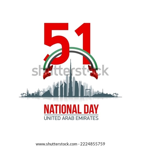 51 UAE National day flat paper style banner with UAE flag. Holiday card for 2 december 1971 - 2022, 51 National day United Arab Emirates Spirit of the union. Design with Dubai and Abu Dhabi silhouette Foto stock © 