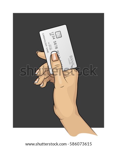 Woman Hand painted & Credit card. Carrying out payment. Hand holding a bank card. Banking icon. Arm & Plastic card. Wrist keeps Debit card chip. Electronic funds transfer. Electronic money investments