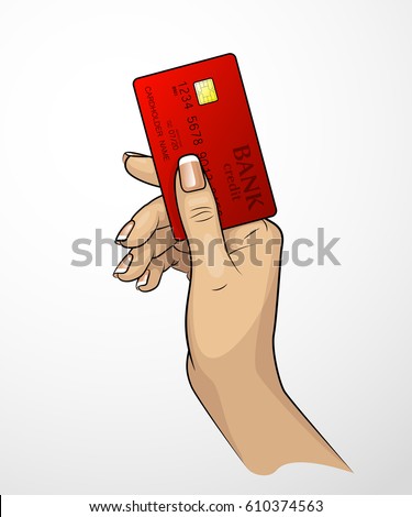 Woman Hand painted & Credit card. Carrying out payment. Hand holding a bank card. Banking icon. Arm & Plastic card. Wrist keeps Debit card chip. Electronic funds transfer. Electronic money investments
