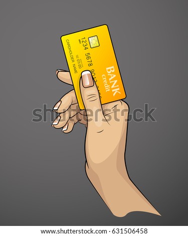Woman Hand painted & Credit card. Carrying out payment. Hand holding a bank card. Banking icon. Arm & Plastic card. Wrist keeps Debit card chip. Electronic funds transfer. Electronic money investments