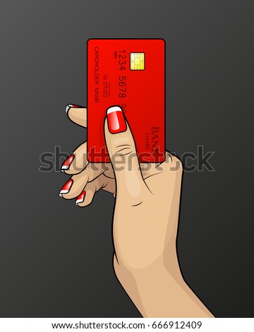 Woman Hand painted & Credit card. Carrying out payment. Hand holding a bank card. Banking icon. Arm & Plastic card. Wrist keeps Debit card chip. Electronic funds transfer. Electronic money investments