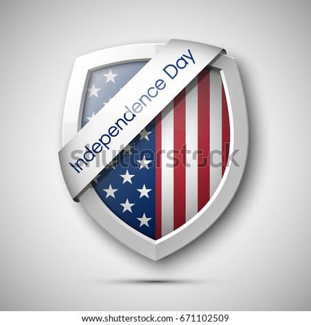 Independence Day USA shield icon. President's day shield banner isolated, stars and stripes presentation. Protect privacy badge. United States of American President holiday shield. Veterans Day sign