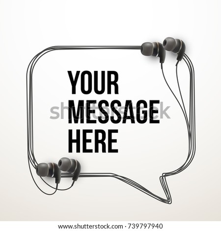 Innovative vector music quotation template in headphones quotes on the White backdrop. Creative vector banner illustration with quote in a frame with Black quotes. Template modern headset design.