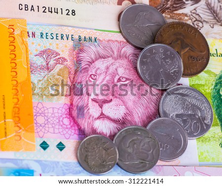 money colorful images of animals, exotic countries, background
