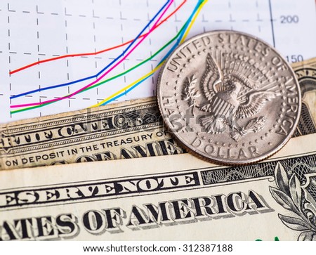 US notes and coins, old and new background graphics.