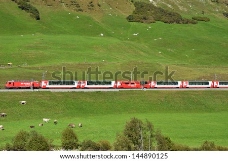 SWITZERLAND - SEP 16: The Glacier Express is the most famous railway in the world. It travels from Zermatt to Davos or St. Moritz in around seven hours. September 16, 2012 in Switzerland.