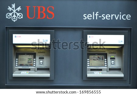 ZURICH, SWITZERLAND - DECEMBER 29, 2013 - ATMs of UBS bank, a Swiss global financial services company.