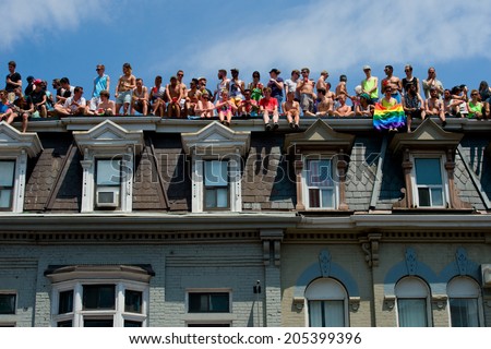 toronto - june29: festival goers hold the rainbow banner at the toronto ,canada on June 29 , 2014