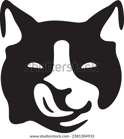 black and white cat face with grinning eyes and licking tongue using positive and negative space.
