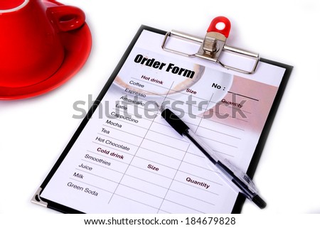 Pen lay on drinking order form on white background.