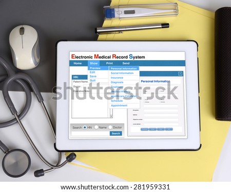 Electronic medical record show on tablet connect to patient information.