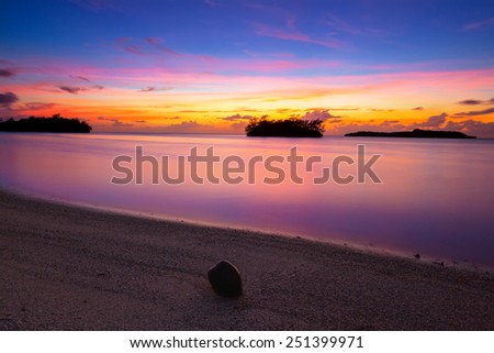 A coconut washed ashore as the tide retreated on the Guam coastline as the post sunset colors hit their peak. portrait orientation