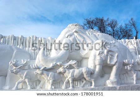 HARBIN, CHINA - JANUARY 9, 2014: Snow sculpture. 26th China Harbin Sun Island International Snow Sculpture Art Expo. JANUARY 9, 2014 in Harbin City, Heilongjiang Province, China.