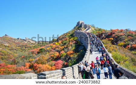Beijing, China - October 13, 2014: Great Wall at Badaling. People are climbing the Great Wall. Located in Beijing, China.