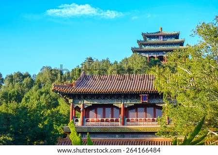 Ancient Chinese traditional buildings in the Jingshan Park. Located in Beijing, China.