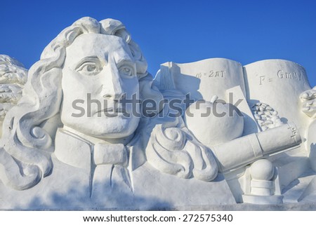 Harbin, China - January 11, 2015: Newton snow sculpture. 27th China Harbin Sun Island International Snow Sculpture Art Expo. Located in Harbin City, Heilongjiang Province, China.
