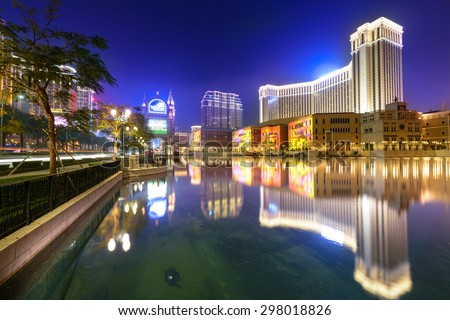 Macau - February 17, 2015: The Venetian Macao at night. It is a luxury hotel and casino resort in Macau. Venetian Macao is modeled on its sister casino resort The Venetian Las Vegas.
