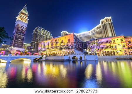 Macau - February 16, 2015: The Venetian Macao at night. It is a luxury hotel and casino resort in Macau. Venetian Macao is modeled on its sister casino resort The Venetian Las Vegas.