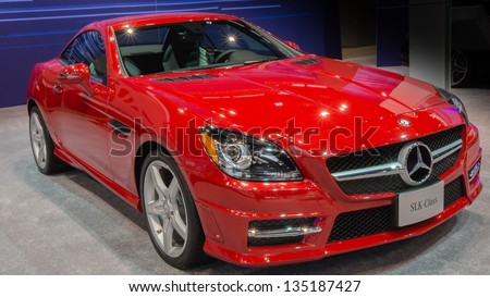 CHICAGO, IL, - FEBRUARY 8: A 2013 red Mercedes SLK on display at the Chicago Auto Show, on February 8, 2013, in Chicago, Illinois.