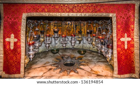 Holy Church Of The Nativity, Bethlehem, Israel - A silver star marks the site of the birth of Jesus (Luke 2:7) in a grotto underneath Bethlehem\'s Church of the Nativity.