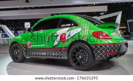 CHICAGO, IL/USA - FEBRUARY 6: A Global Rallycross Volkswagen (VW) Beetle at the Chicago Auto Show (CAS) on February 6, 2014, in Chicago, Illinois. Built by Andretti Motoraports; driven by Scott Speed.