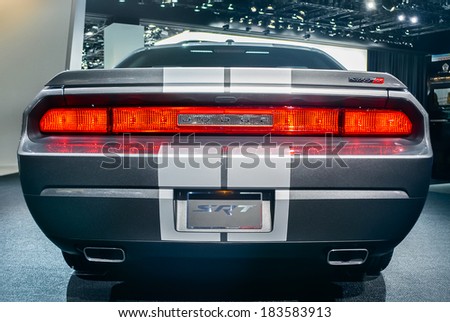 DETROIT, MI/USA - JANUARY 15, 2012: A tungsten Dodge Challenger SRT on display at the North American International Auto Show, (NAIAS).