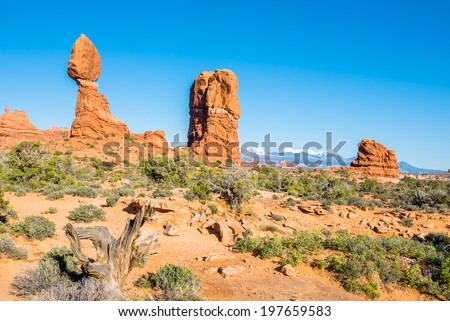 Balanced Rock, Bubo Tower, La Sal Mountains, Arches National Park, UT