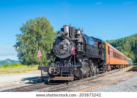 ELBE, WA/USA - JULY 6, 2014: Mt. Rainier Scenic Railroad (MRSR), an American Locomotive Company locomotive originally owned by the Hammond Lumber Company