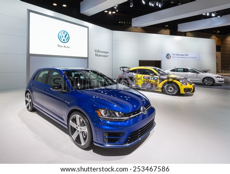 CHICAGO, IL/USA - FEBRUARY 12, 2015: 2015 Volkswagen Golf R car at the Chicago Auto Show (CAS), the largest auto show in North America.