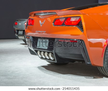CHICAGO, IL/USA - FEBRUARY 12, 2015: Two 2015 Chevrolet Corvette cars at the Chicago Auto Show (CAS), the largest auto show in North America.