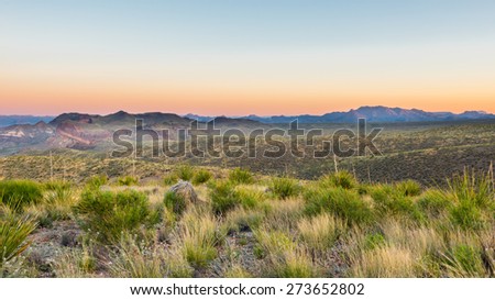Chisos Mountains from Sotol Vista on the Ross Maxwell Scenic Drive at sunrise, Big Bend National Park, Texas.