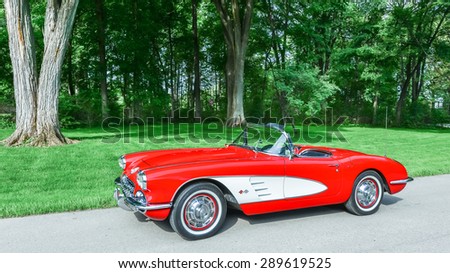 GROSSE POINTE SHORES, MI/USA - JUNE 17, 2015: A 1959 Chevy Corvette car at the EyesOn Design car show, held at the Edsel and Eleanor Ford House.