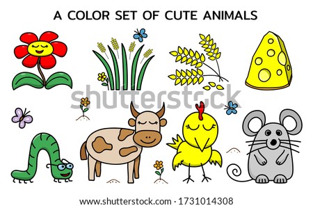 A colored set of cute farm animals. Templates for childrens books and education games. Vector