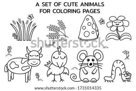 A set of cute farm animals. Templates for childrens Coloring Pages, books and education games. Vector