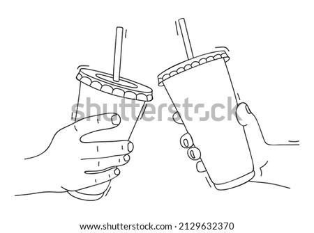 Two hands clink paper cups with soda at party. Sketch, linear drawing. Unhealthy food. Soft drink. Meeting two friends at birthday party. Vector illustration in minimalist line art drawing style