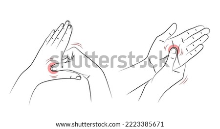 Self-massage of palms of hands, close-up. Human presses special points on palm to relieve headaches and other pains. Health and wellness acupressure manipulations. Alternative medicine, reflexology