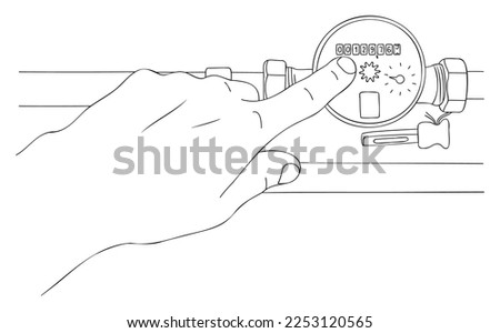 Taking readings from water meter. Household water consumption. Utility payments. Water cost. Editable hand drawn contour. Sketch in minimalist style. Vector