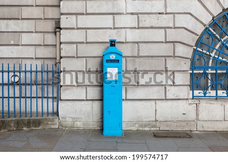 Blue police public call post, an original free police telephone box, by Mansion House, City of London.