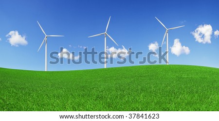 Five wind turbines on a green field. Green energy and environmental conservation symbols (XXXLarge).