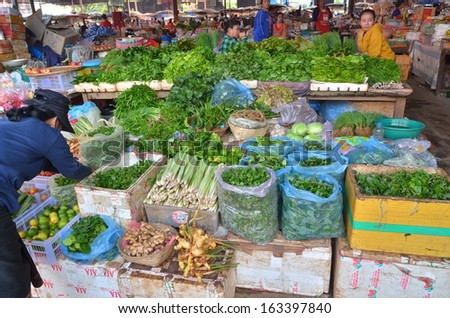 Pakxe, Laos - circa October 2013 - female vendor preparing her stall of fresh vegetables and herbs at local market