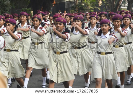 Mumbai, India - January 22, 2013 - Cadets parading near Marine Drive  during the rehearsal on 22 January 2014 for India\'s Republic Day to be held on 26 January 2014