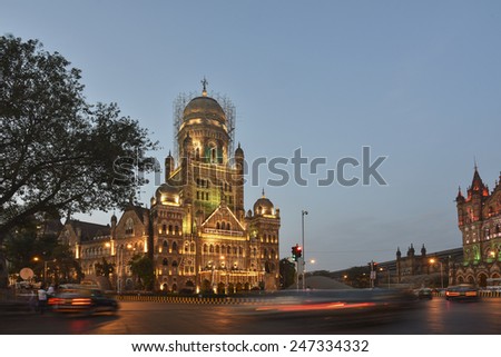Mumbai, India - January 26, 2015 - Brihanmumbai Municipal Corporation Building illuminated with multicolored lights in the evening for India Republic Day