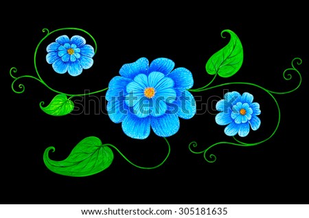 Flowers painted with acrylic paint on black background.
