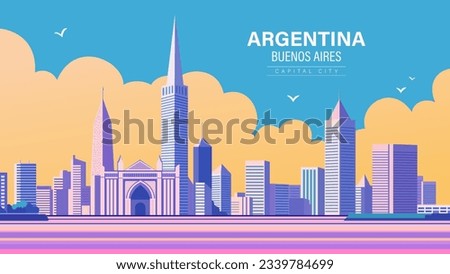 Argentina Buenos Aires capital city with tall buildings and a sky background with clouds in the sky and a bird flying over it colorful flat surreal design, a matte painting