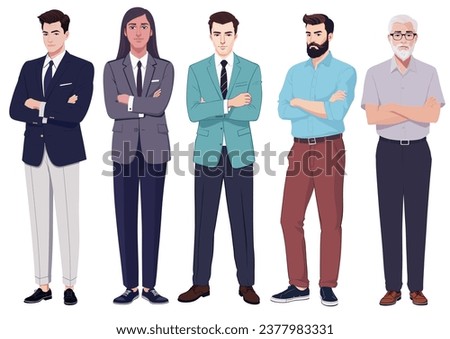 Elegant businessmen in formal attire with crossed arms professional demeanor