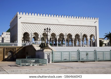 The Mausoleum Of Mohammed V, Morocco In the mausoleum of Mohammed V rests illustrious king of Morocco. The mausoleum is made in the Moorish style of white marble and green roofs.