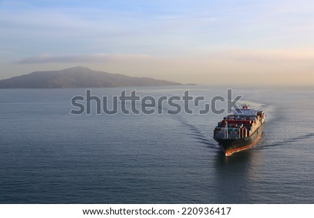 Container ship underway in San Francisco Bay, Angel Island in background