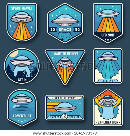 Alien spaceship, spacecrafts and ufo emblems set. Cosmic ship in form saucer for transportation. Color UFO badges set