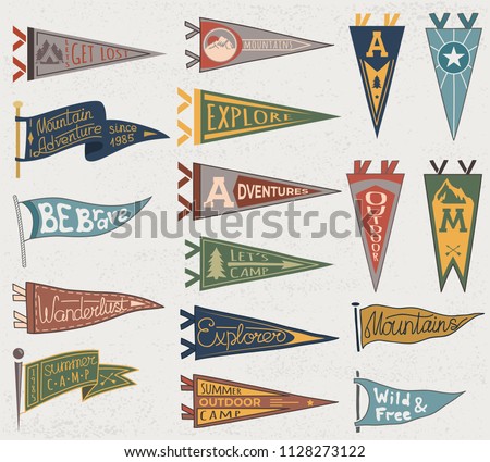 Set of adventure, outdoors, camping colorful pennants. Retro labels on textured background. Hand drawn wanderlust style. Pennant travel flags design Foto d'archivio © 